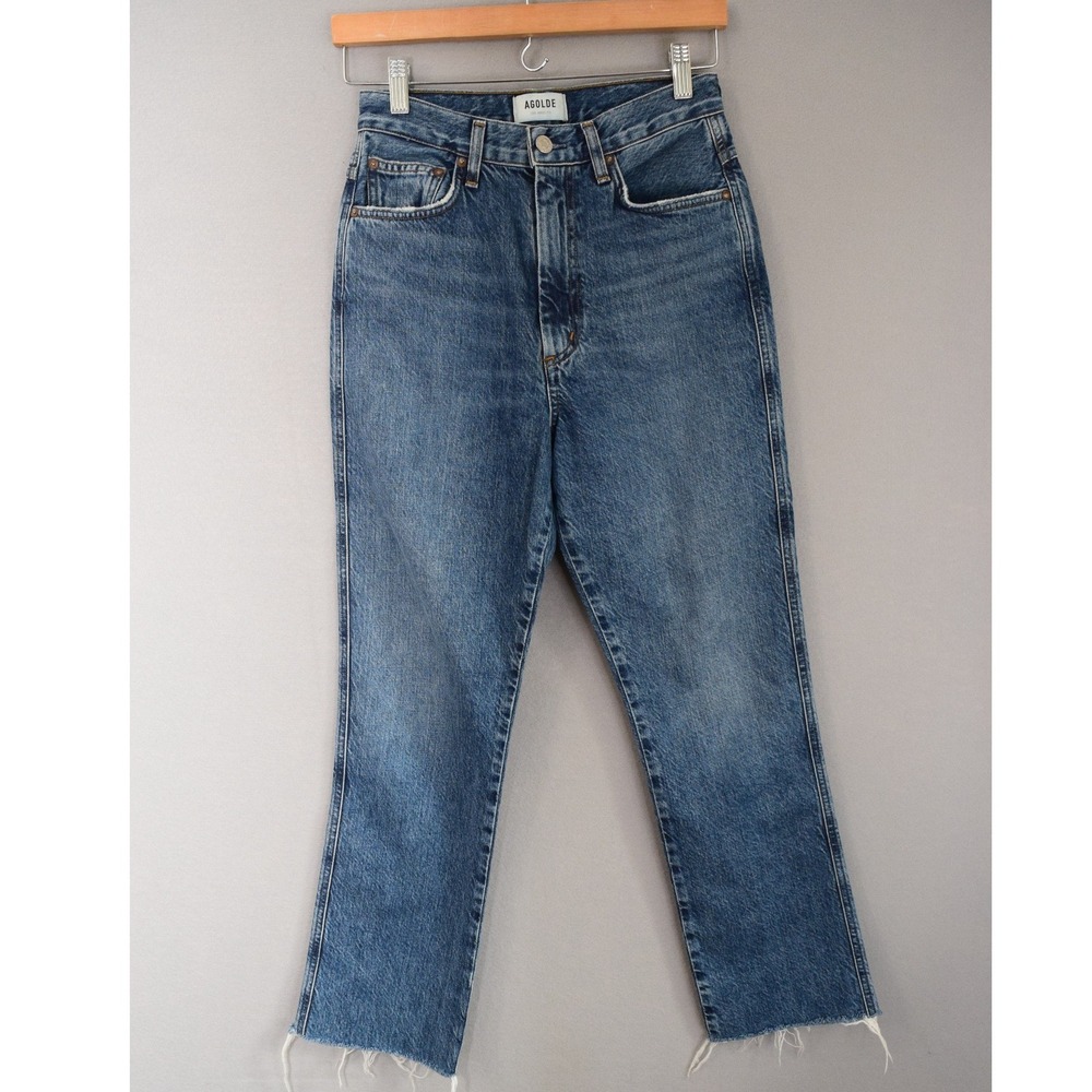 AGOLDE Pinch Waist High Rise Kick Jeans 25 Blue Raw Hem Women